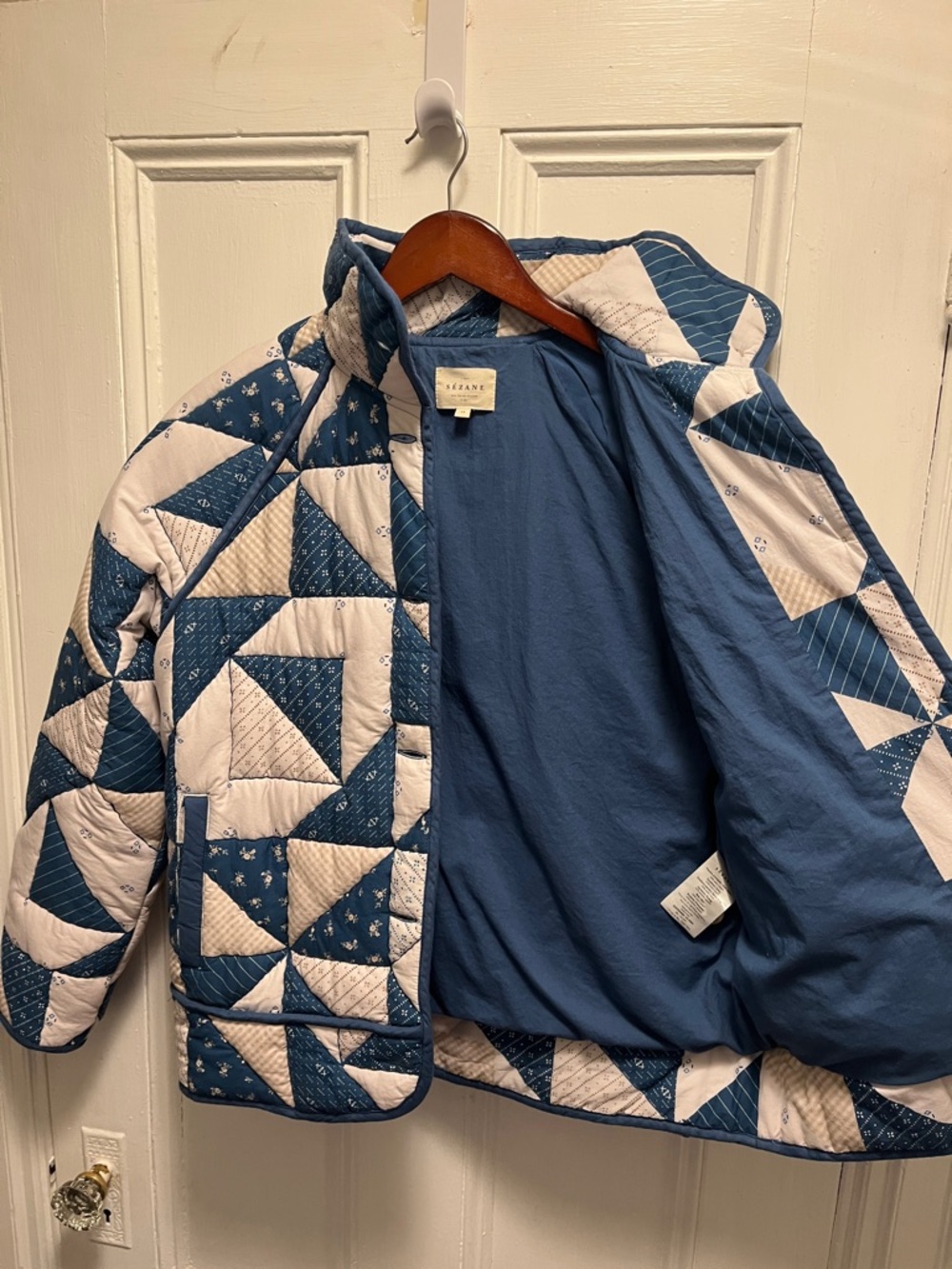 Sezane Leopold Blue & White Quilted Patchwork Jacket - Picture 3 of 5